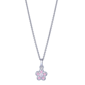 Rhod. Sølv blomst lyserød emalje + cz kæde 38cm