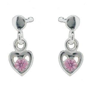 Rhod. sølvørehænger hjerte m/lyserød cz.