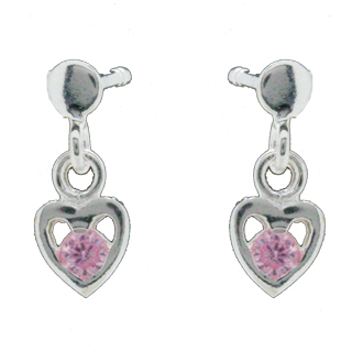 Rhod. sølvørehænger hjerte m/lyserød cz.