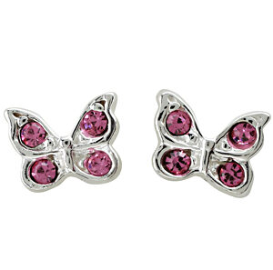 Rhod. sølvørestikker sommerfugl m/lyserød krystal