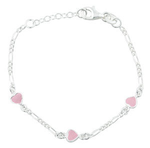 Rhod. sølvarmbånd m/3 hjerte m/lyserød emalje