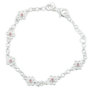 Rhod. sølvarmbånd m/6 blomster m/lyserød emalje