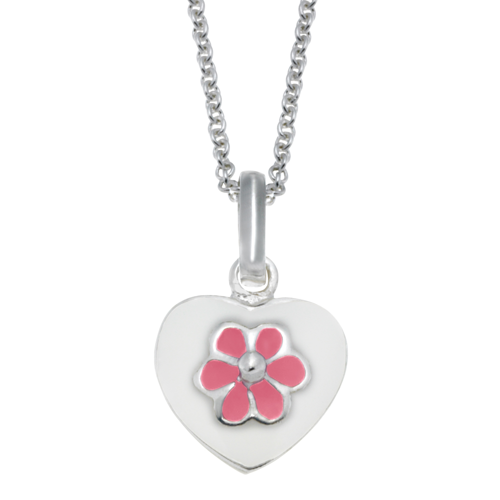Rhod. sølvvedhæng hjerte m/lyserød blomst inkl. K