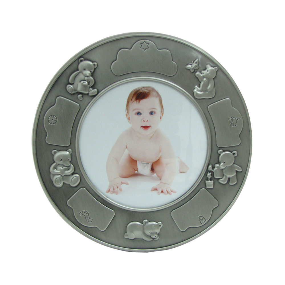 Fortinnet fotoramme (rund) m. bamser & dåbsmotiver